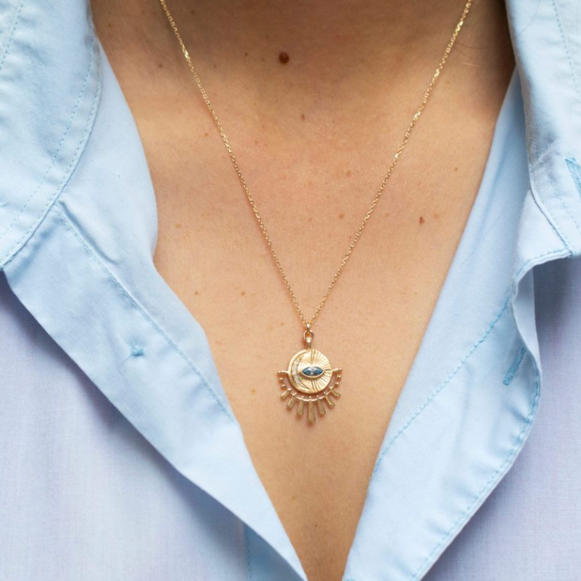 Marquise Aquamarine & Diamond Moon Necklace-OD Fine Necklaces-Marisa Mason