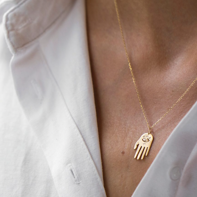 Celine Daoust 14k light yellow gold with white diamonds Small Dharma's Hand Pendant Necklace.