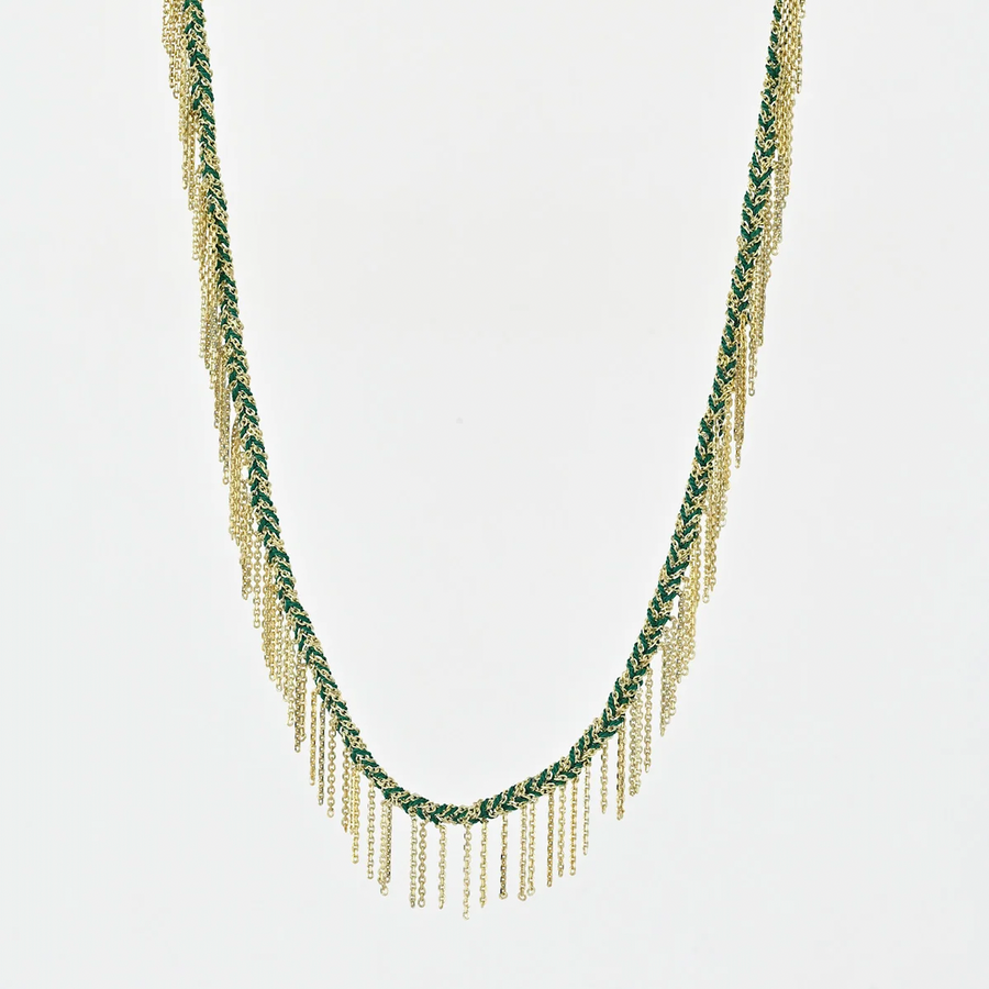 Short multi-strand fringe necklace in sterling silver chain braided with colored silk yarn.