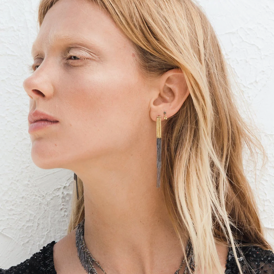 Pair of bicolor Sterling silver earrings composed of three layers of forçat chain tassels dip-dyed in yellow gold and ruthenium.