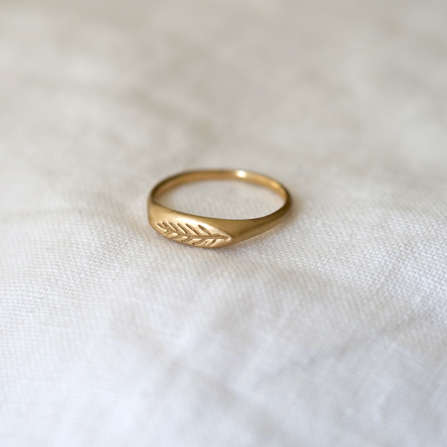 A oval face signet ring with a sweet little olive branch hand engraved on the front.