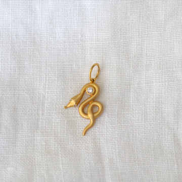 18kt gold pendant of a snake coiled around a 2mm white Diamond, with two small diamonds in the eyes.