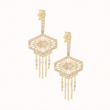 GOLD EARRINGS WITH MARQUISE DIAMOND, DANGLING DETAILS AND TRIANGLE DIAMONDS.