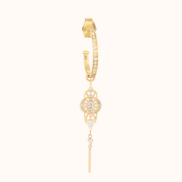 GOLD SINGLE HOOP EARRING WITH MARQUISE DIAMOND, DANGLING DETAILS AND TRIANGLE DIAMONDS.