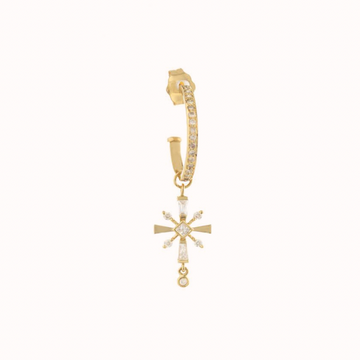 GOLD SINGLE HOOP EARRING WITH DIAMONDS, AND A DANGLING CROSS PENDANT WITH A MARQUISE DIAMOND AT THE CENTER.