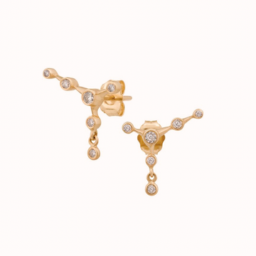 GOLD EARRINGS WITH 5 DIAMONDS AND 1 DANGLING DIAMOND DROP CONSTELLATION STUD EARRING.