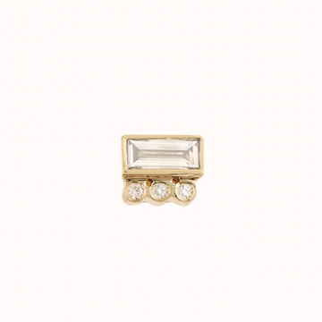 GOLD EARRING WITH ONE BAGUETTE DIAMOND AND THREE ROUND DIAMONDS BELOW IT.