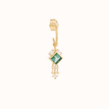GOLD HOOP EARRING WITH GREEN TOURMALINE LOSANGE AND BAGUETTE DIAMONDS.