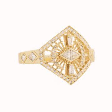 GOLD DREAM MAKER OPEN EYE OCTAGONAL RING WITH ONE OVAL DIAMOND AND DIAMONDS.