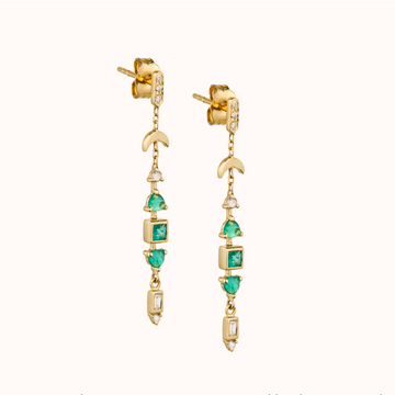 14K light yellow gold totem earrings with green squares, and triangle tourmalines and diamonds. 