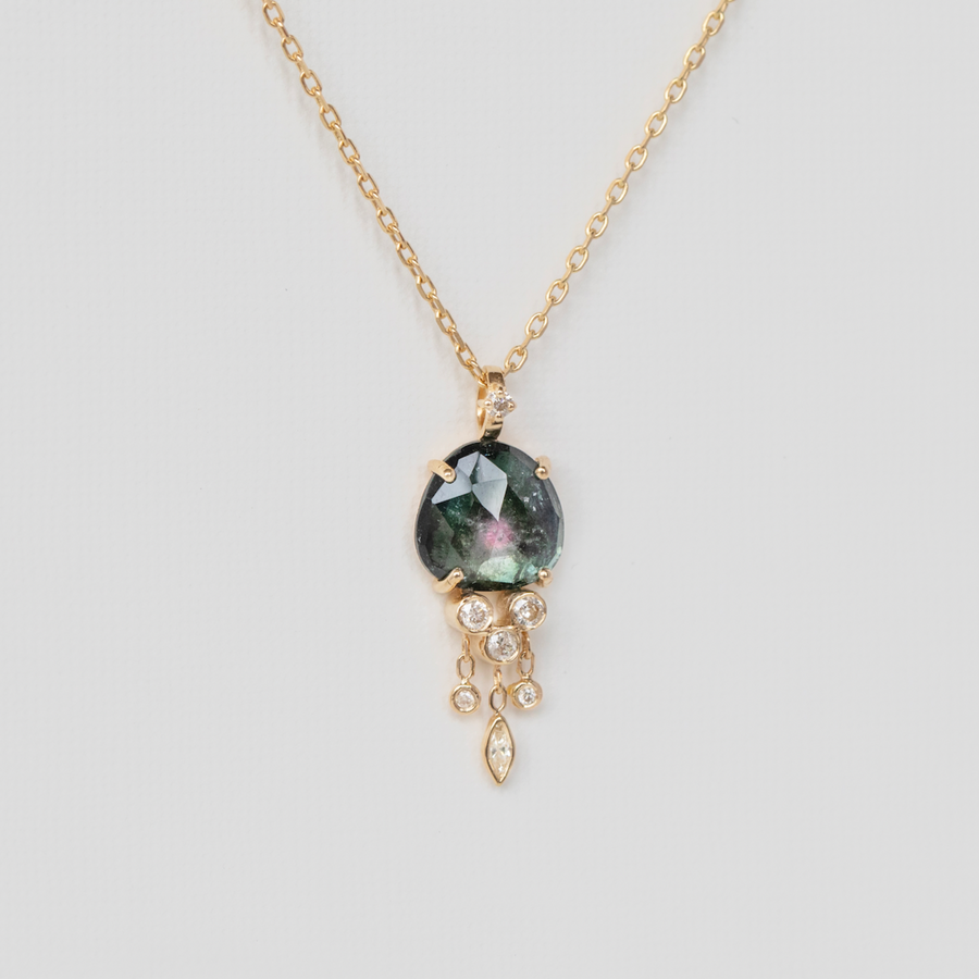 The uniquely colored tourmaline is the star of the show in this Celine Daoust Jellyfish necklace.  Adorned with delicate dangling diamonds this exquisite piece has a balance of bold color with the watermelon tourmaline and exquisitely delicate craftsmanship