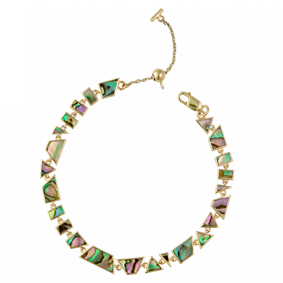 Geometrically cut Abalone set in 9ct yellow gold, connected with small jump rings to create a beautifully delicate bracelet 