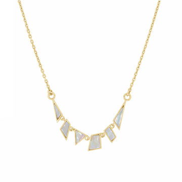 Six geometrically cut pieces of Mother of Pearl set in gold and strung on a delicate chain. 