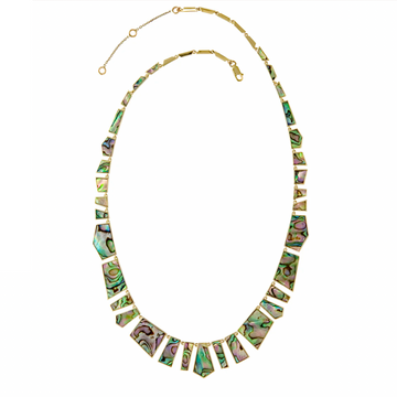 This beautiful Abalone inlay necklace is a collection of geometric shapes pieced together to make a fancy collar type necklace. 