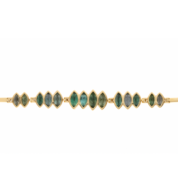 Multi irregular Tourmalines bracelet, in a stunning gradient of ocean blues and greens, set in 14k yellow gold
