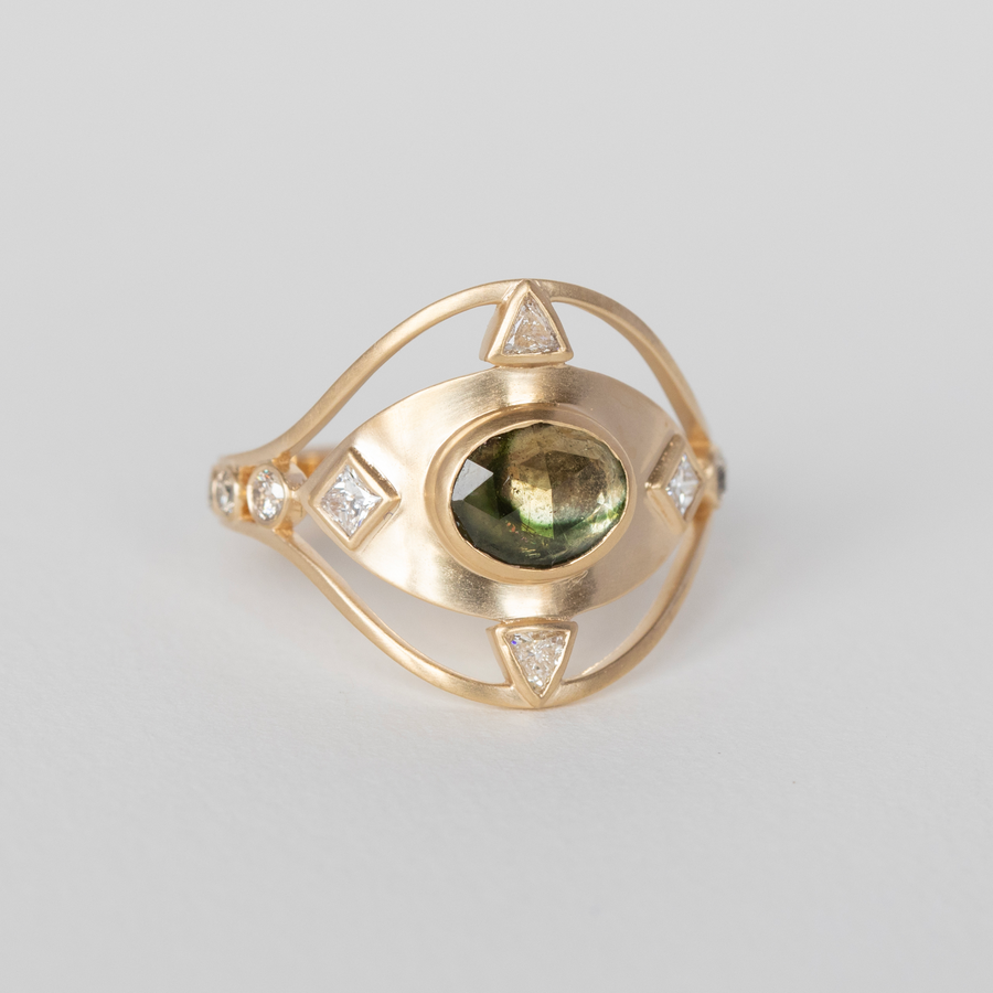 14K LIGHT YELLOW GOLD geometric RING WITH ONE WATERMELON TOURMALINE AND SQUARE DIAMONDS EYE RING