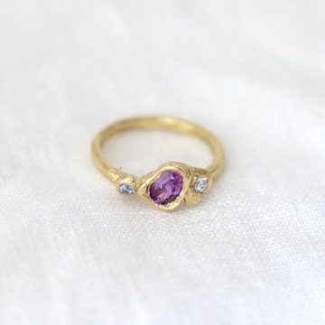 Pink Sapphire and diamonds in 18K gold, cast by hand using the lost wax method.