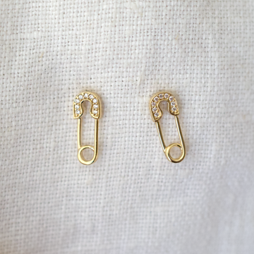 14k gold mini safety pins, with diamond pave set around the top arch