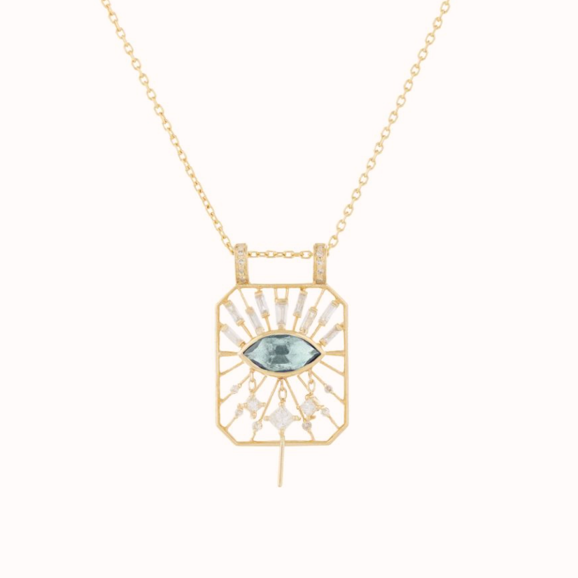 14K LIGHT YELLOW GOLD AQUAMARINE MARQUISE EYE OPEN RECTANGLE CHAIN NECKLACE WITH DIAMONDS