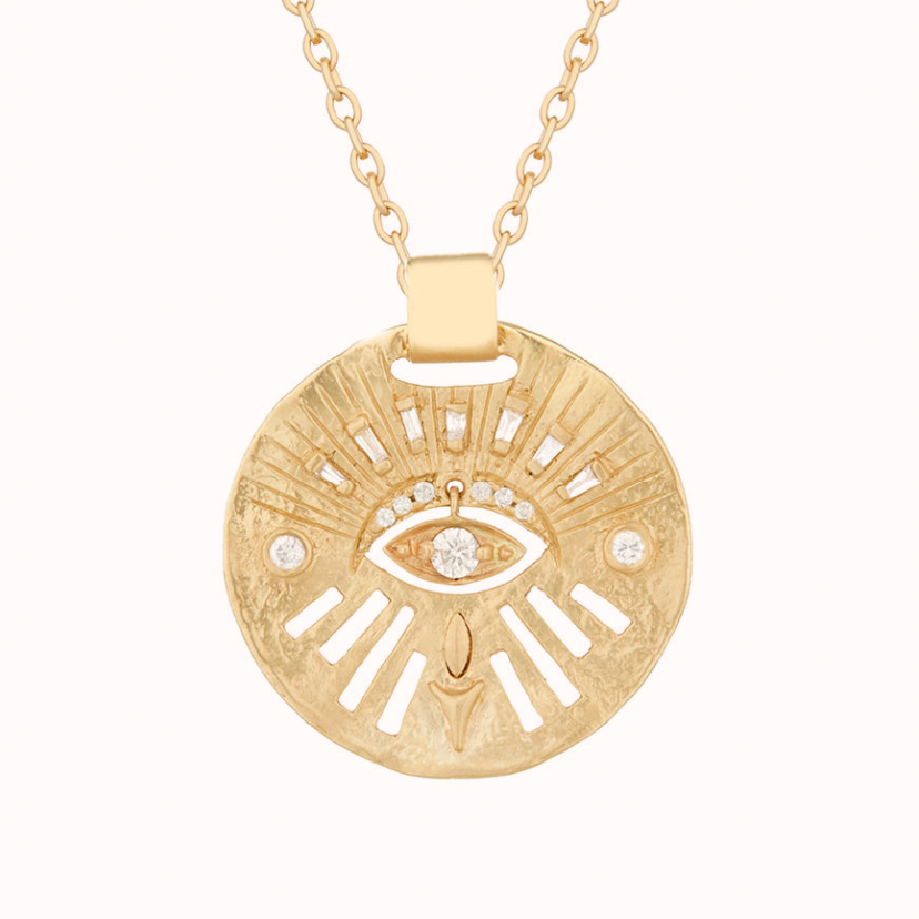 14K LIGHT YELLOW GOLD MEDAL WITH DIAMONDS AND DANGLING EYE NECKLACE