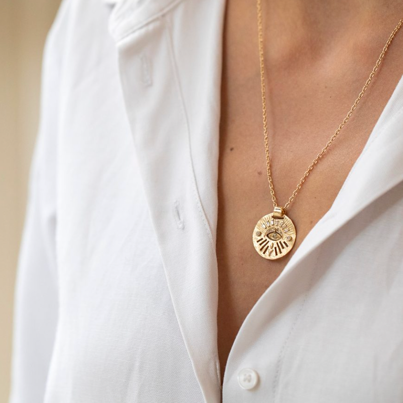 GOLD MEDAL WITH DIAMONDS & DANGLING EYE NECKLACE-OD Fine Necklaces-Celine Daoust-Marisa Mason