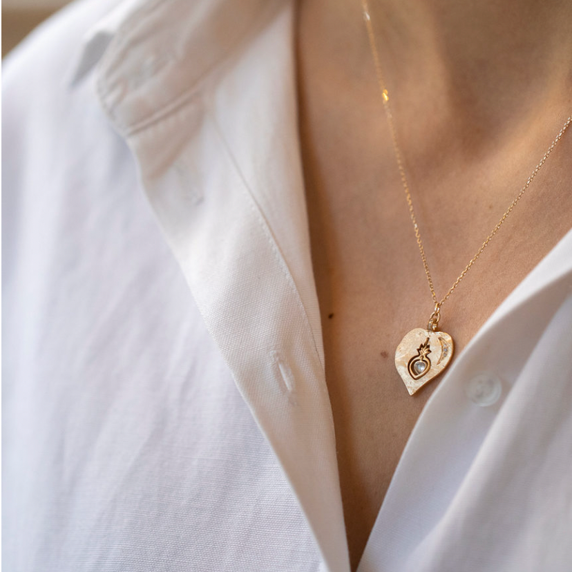 TWIN FLAME MEDAL & DANGLING HEART MOONSTONE NECKLACE-OD Fine Necklaces-Celine Daoust-Marisa Mason