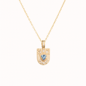 14K LIGHT YELLOW GOLD TOTEM PENDANT WITH ONE INTENSE BLUE AQUAMARINE AND DIAMONDS