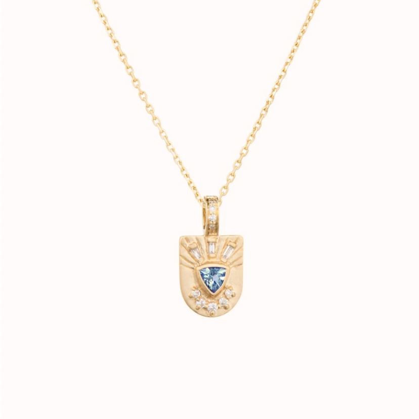 14K LIGHT YELLOW GOLD TOTEM PENDANT WITH ONE INTENSE BLUE AQUAMARINE AND DIAMONDS