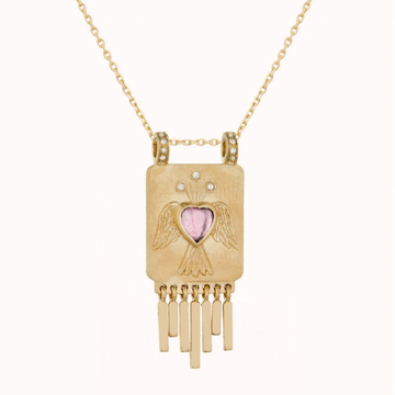 LIGHT YELLOW SOLID GOLD PLATE PENDANT WITH ONE HEART IN PINK TOURMALINE AND DIAMONDS WITH BIRD AND DANGLING DETAILS. THE STONE IS A GRADIENT OF LIGHT PINK.