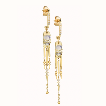 14K LIGHT YELLOW GOLD LONG EARRINGS WITH MOONSTONES AND DIAMONDS