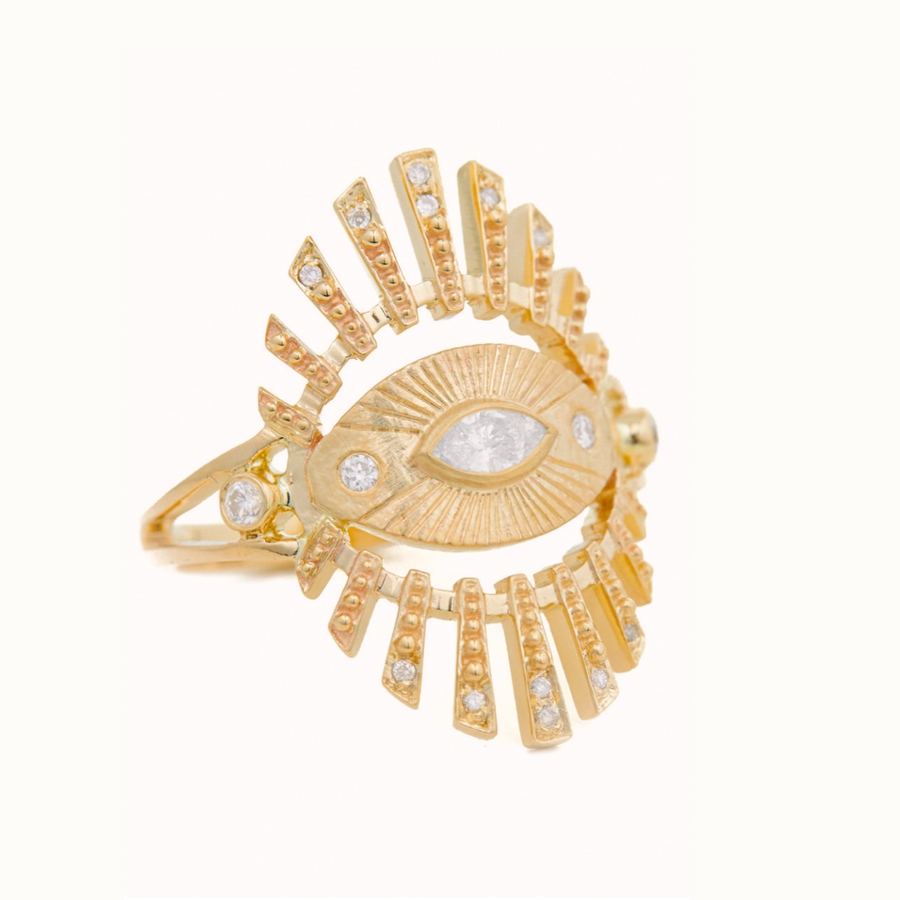 14K LIGHT YELLOW GOLD EYE RING WITH ONE CENTRAL MARQUISE DIAMOND & DIAMOND BEAMS