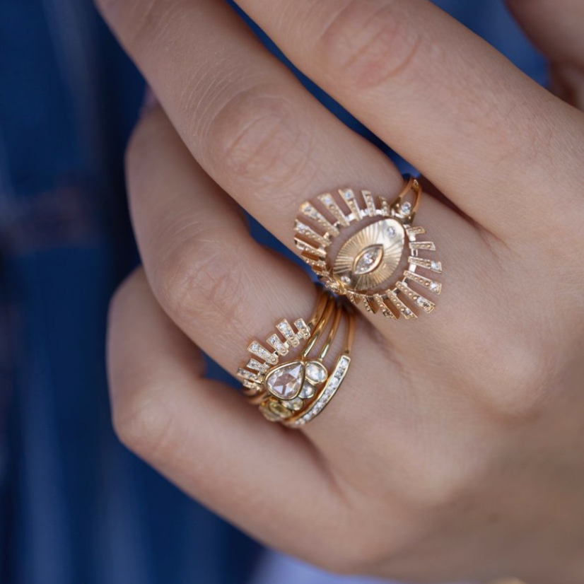 LARGE SUN EYE MARQUISE DIAMOND & DIAMOND BEAMS RING-OD Fine Rings-Celine Daoust-Marisa Mason