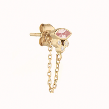 light yellow gold earring with light pink tourmaline marquise and diamonds with single chain earring