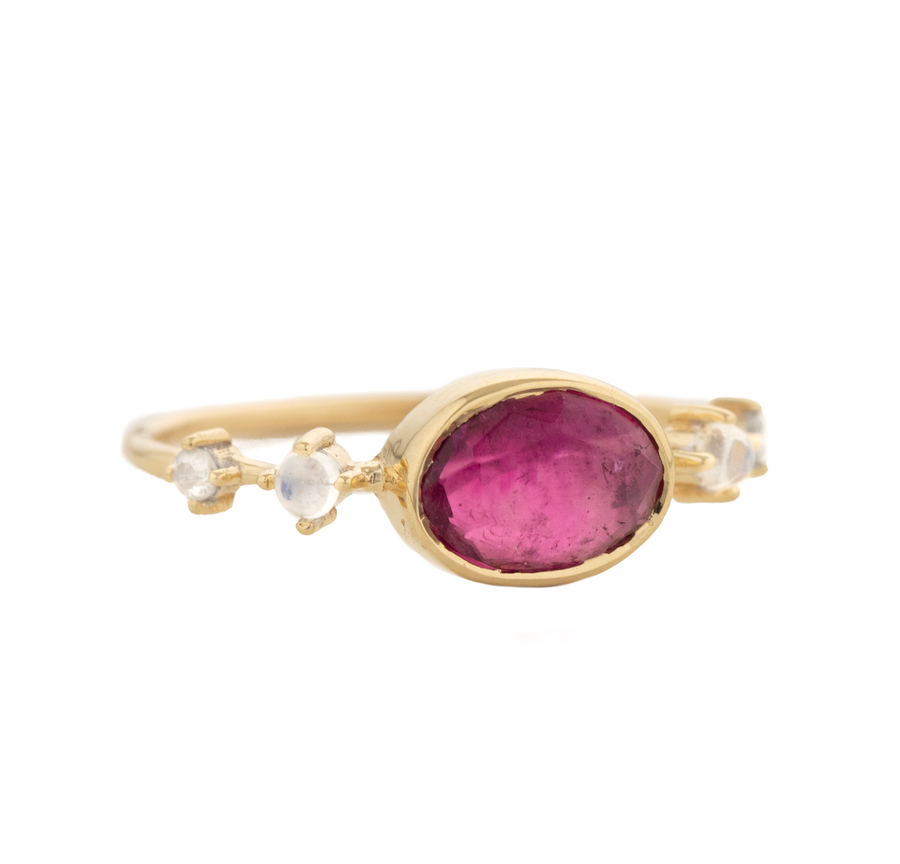 Solid gold 14k yellow gold ring with pink tourmaline center stone, smooth moonstone and rosecut diamond side stones