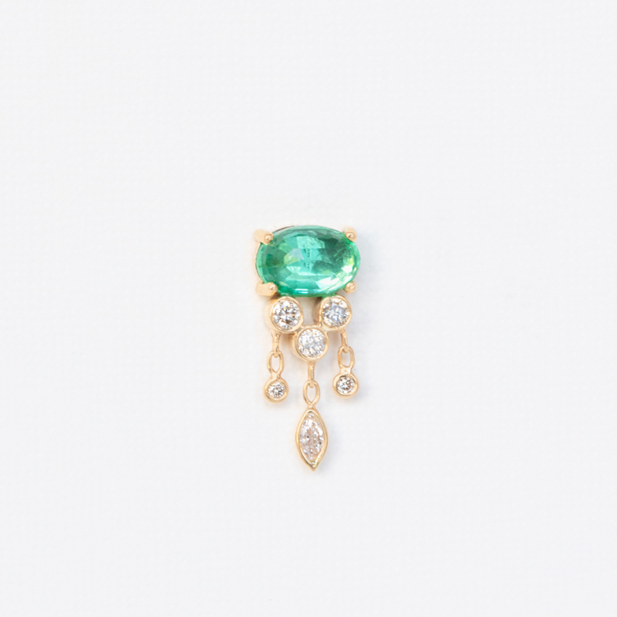 14k light yellow gold single jellyfish earring with one emerald dangling diamonds below it