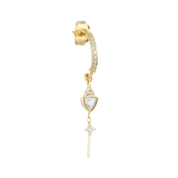 14K LIGHT YELLOW GOLD EARRING WITH ONE TRIANGLE MOONSTONE, DIAMONDS AND DANGLING DETAIL