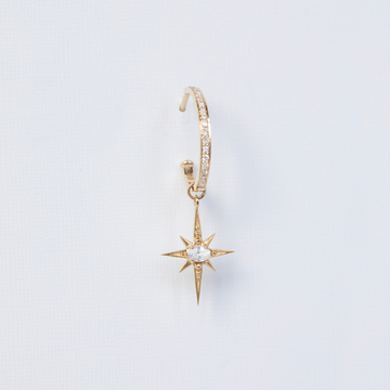 14K LIGHT YELLOW GOLD WHITE SAPPHIRE STAR CHARM HOOP EARRING.