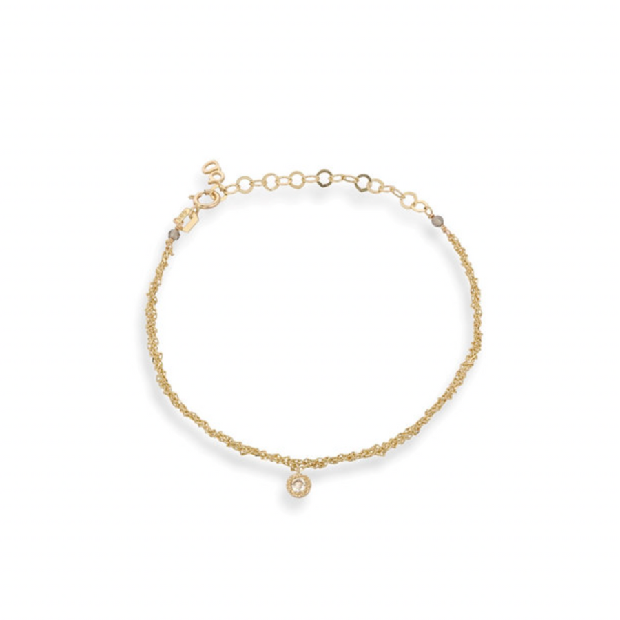 14k gold chain bracelet, with a 0.08 ct champagne diamond bezel set in a pendant that dangles from the center