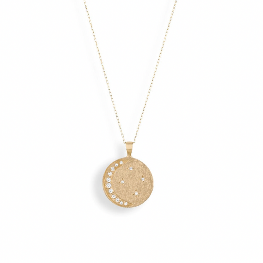 14k gold coin pendant with white diamonds bead set on its face, to create a crescent moon and four small stars. 