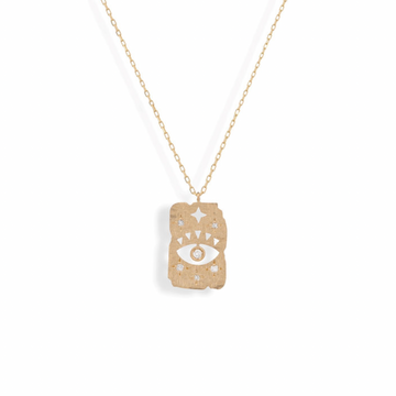 14k gold rectangular pendant with a cut outs creating a central eye and small stars above it. Five white diamonds are then set around this protection symbol necklace