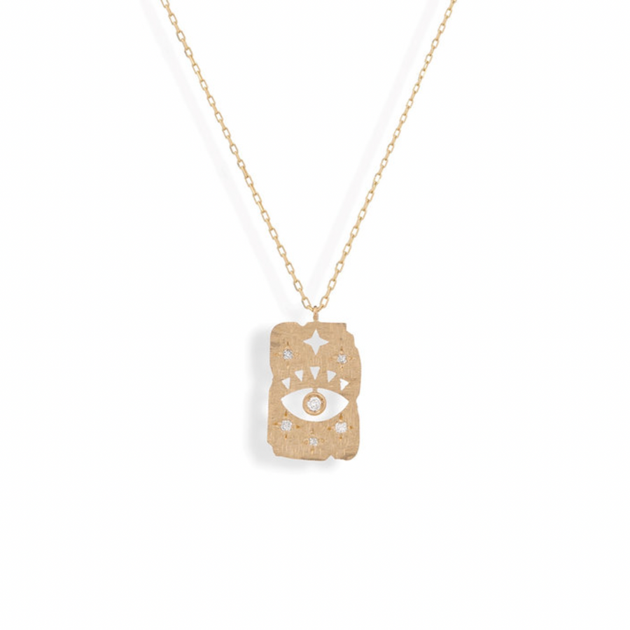 14k gold rectangular pendant with a cut outs creating a central eye and small stars above it. Five white diamonds are then set around this protection symbol necklace