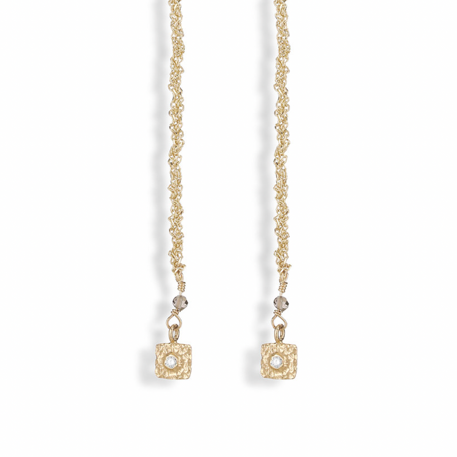 14k yellow gold woven chain lariat style necklace, with small square gold pendants set with white diamonds at each end