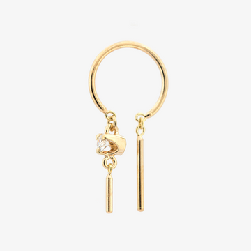 gold hoop earring with two dangling details and a diamonds on one side