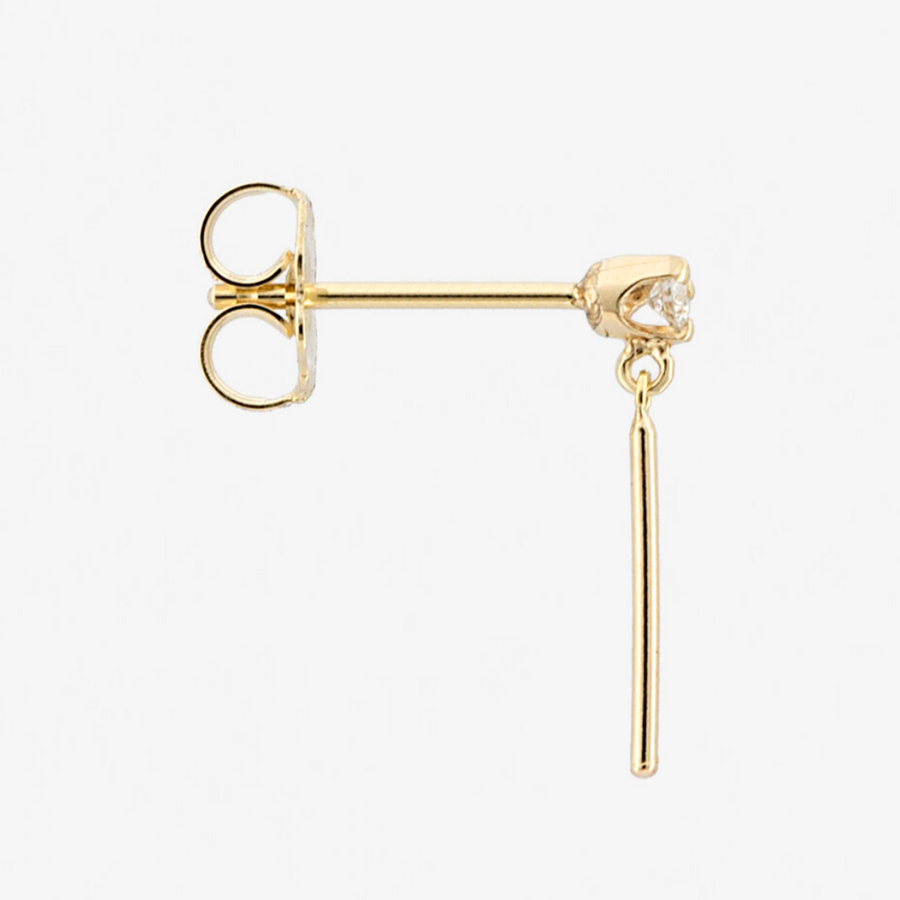 2mm prong-set stud with wisp of shimmery gold dangling below.