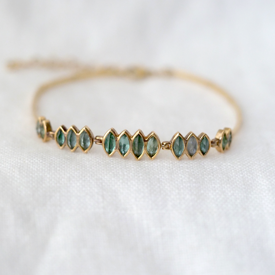 Multi Irregular Tourmaline Bracelet-OD Fine Bracelets-Marisa MasonMulti irregular Tourmalines bracelet, in a stunning gradient of ocean blues and greens, set in 14k yellow gold