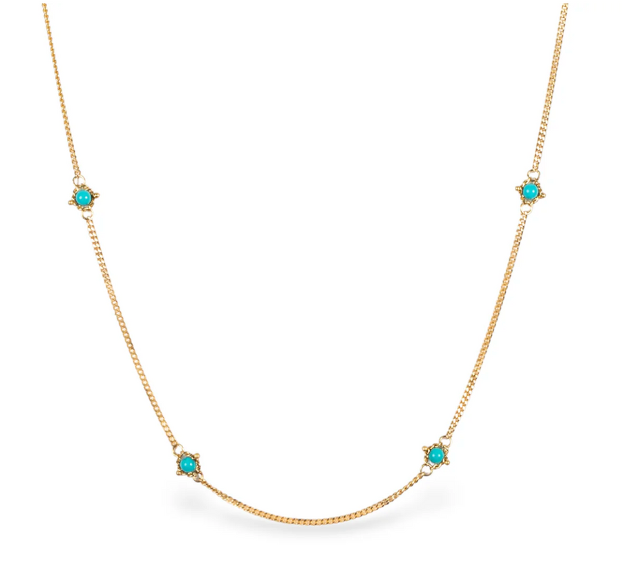 Turquoise stones this chain of 18k gold, a beautiful contrast to the shimmering yellow of the gold.