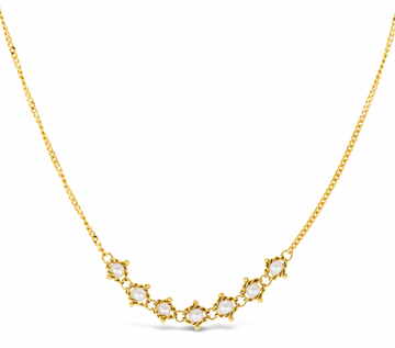 Seven Pearl treasures glisten at the center of this necklace. They have been carefully hand woven with strands of 18k gold so that each one is encircled with a glowing halo