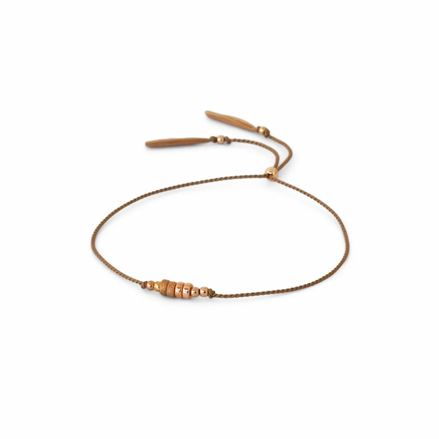 simple BROWN silk cord bracelet adorned with smooth and shimmery textured 14k rose gold-filled beads.