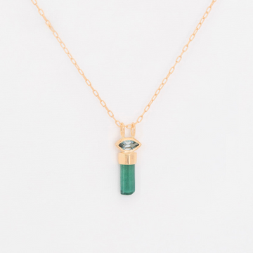 Natural 'Pencil' teal tourmaline set in 14k gold, with a green marquise tourmaline set above it, on a delicate 18