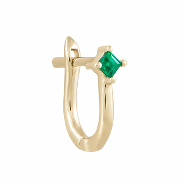 Princess cut prong set emerald on a yellow gold clicker huggie